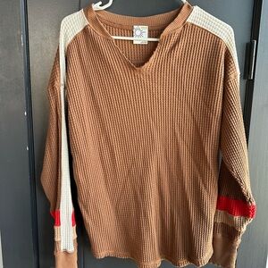 Aerie V-Neck Sweater in Brown and Cream with Red Accents